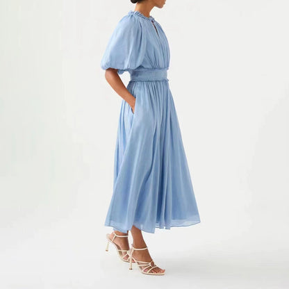 Robe longue plissée à volants et manches bouffantes en tulle de couleur unie pour femme