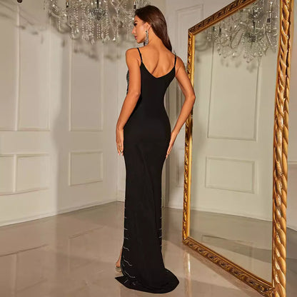 Rhinestone Evening Dress Suspender Fishtail Party Dress Slit Cocktail Maxi Dress