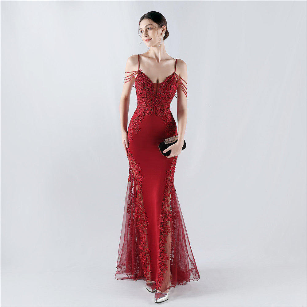 Heavy Embroidery Drilling Boning Corset Vest Lace Beaded High Fork Evening Dress