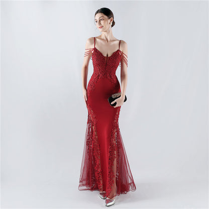 Heavy Embroidery Drilling Boning Corset Vest Lace Beaded High Fork Evening Dress