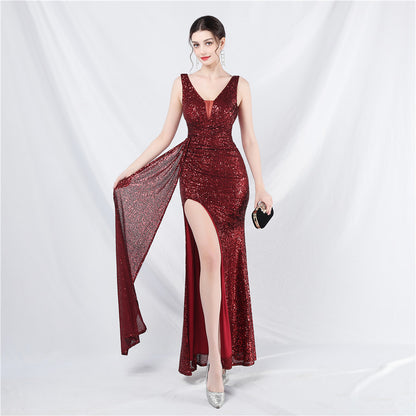 Women Dress Sequin Ribbon Long Evening Dress