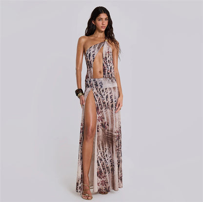 Summer Sexy Slim Irregular Asymmetric Sloping Shoulder Backless Split Printing Dress Women