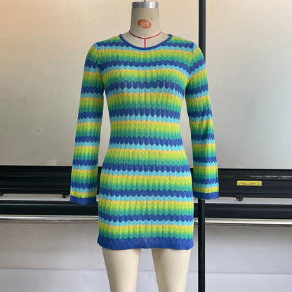 Spring Summer Woolen Dress New Striped Backless Long Sleeves Knitted Tight Sexy Beach Hip