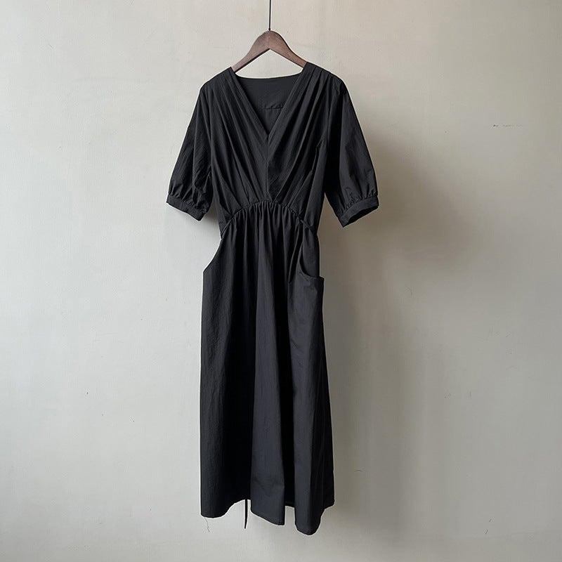 Robe plissée rétro à col en V, robe d'été élégante à lacets, taille mi-longue