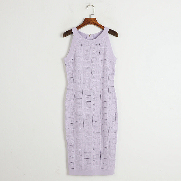 Taro Purple Knitted Halterneck With Suspenders Dress Women Early Summer Maze Slim Hollow Out Cutout Sleeveless Sheath Dress