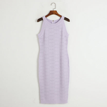 Taro Purple Knitted Halterneck With Suspenders Dress Women Early Summer Maze Slim Hollow Out Cutout Sleeveless Sheath Dress