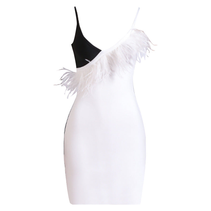 Cocktail Socialite Camisole Gown Autumn V neck Feather Bandage Dress