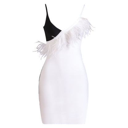 Cocktail Socialite Camisole Gown Autumn V neck Feather Bandage Dress