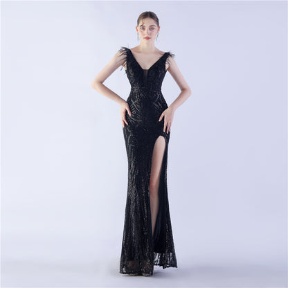 Ostrich Feather Heavy Industry Beads Dinner Exhibition Side Slit High End Evening Dress