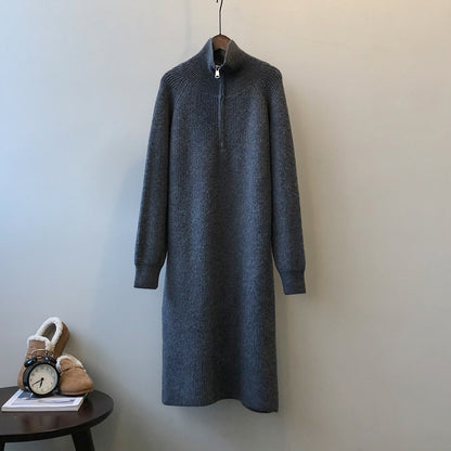 Robe tricotée à manches longues et fermeture éclair, Base d'hiver, robe pull mi-longue