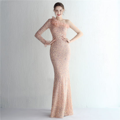 Handmade Sequin Craft Yarn Ladies Cocktail One Shoulder Long Sleeve Long Sequined Aura Queen Fishtail