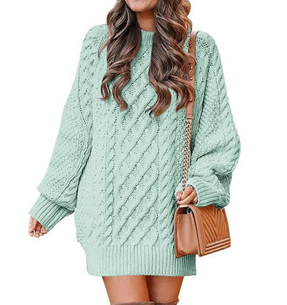 Round Neck Long Sleeve Twisted Knitted Thick Needle Pullover Mid Length Sweater Women Dress