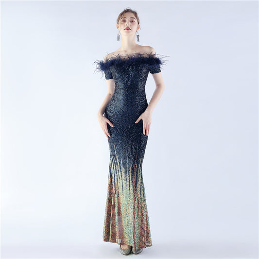 Craft Ostrich Feather Gradient Sequin off Shoulder High End Evening Dress