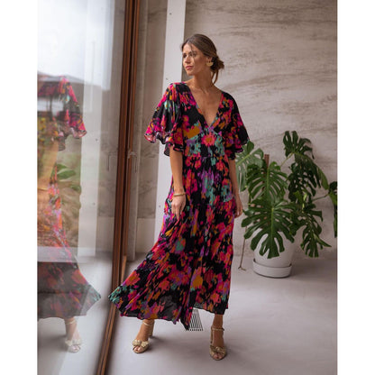 Vestido informal de primavera y verano con cuello en V, vestido holgado con espalda descubierta y vuelo grande para mujer