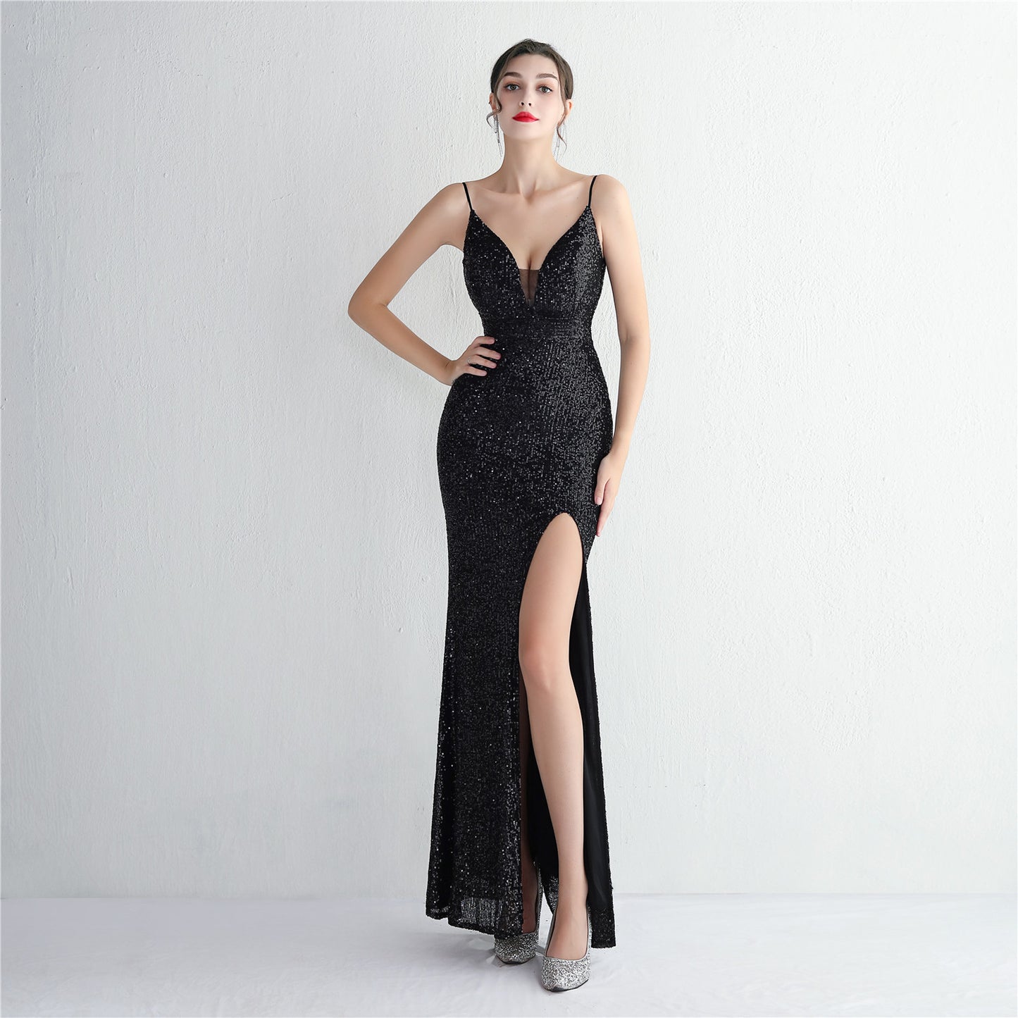 Sequin Beaded Long Camisole Gown Cocktail Slim Fit Evening Dress Elegant Stunning Fishtail Dress