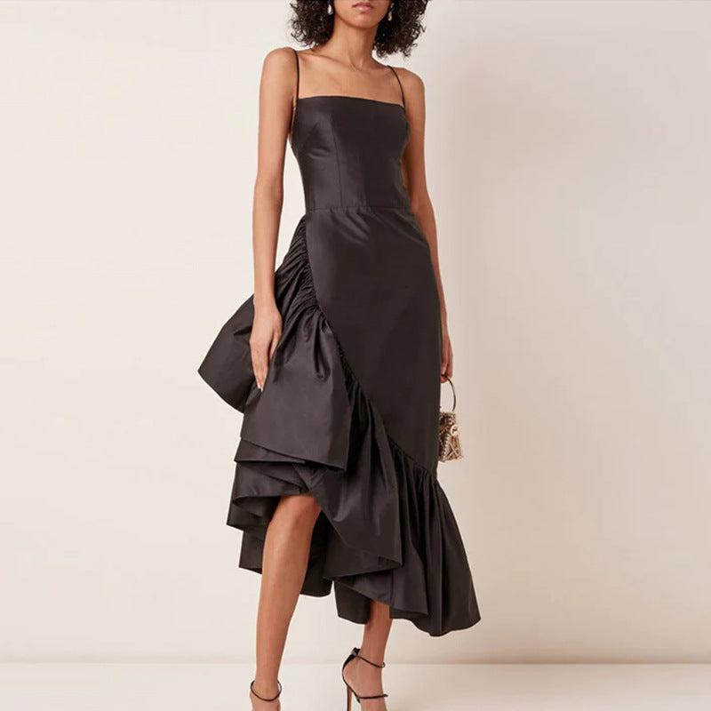 Sexy Socialite Solid Color Dress Fishtail Dress Design Stitching Ruffled Strap Dress for Women