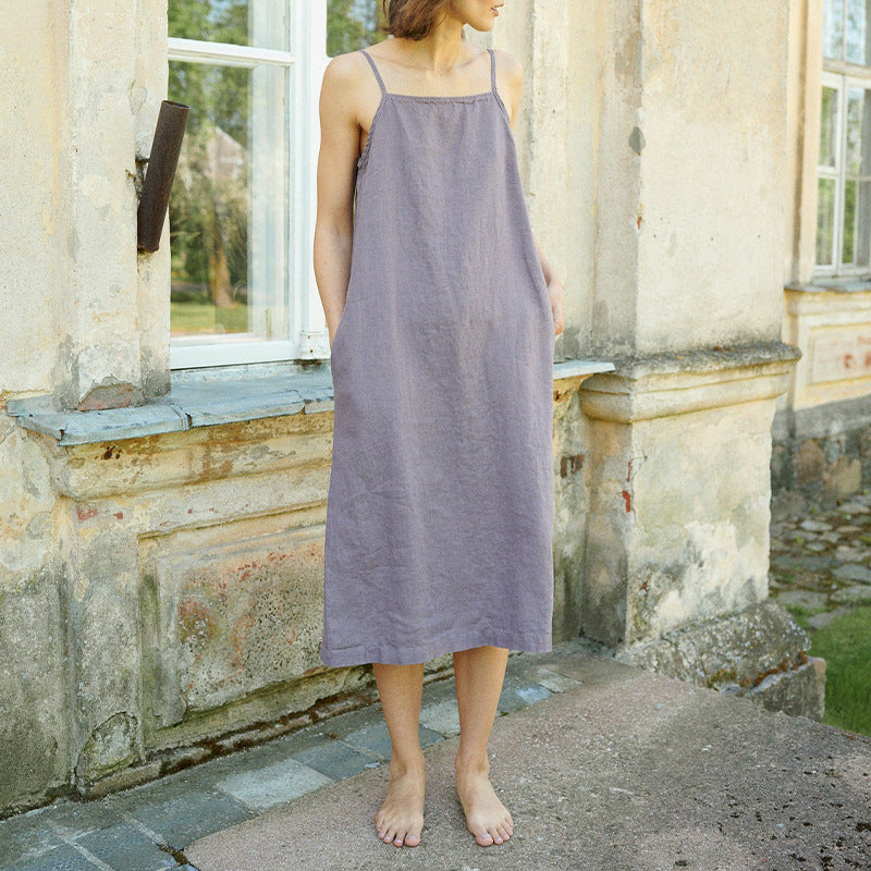 Vestido de verano básico de lino y algodón con tirantes anchos y aberturas, ajustado, de longitud media