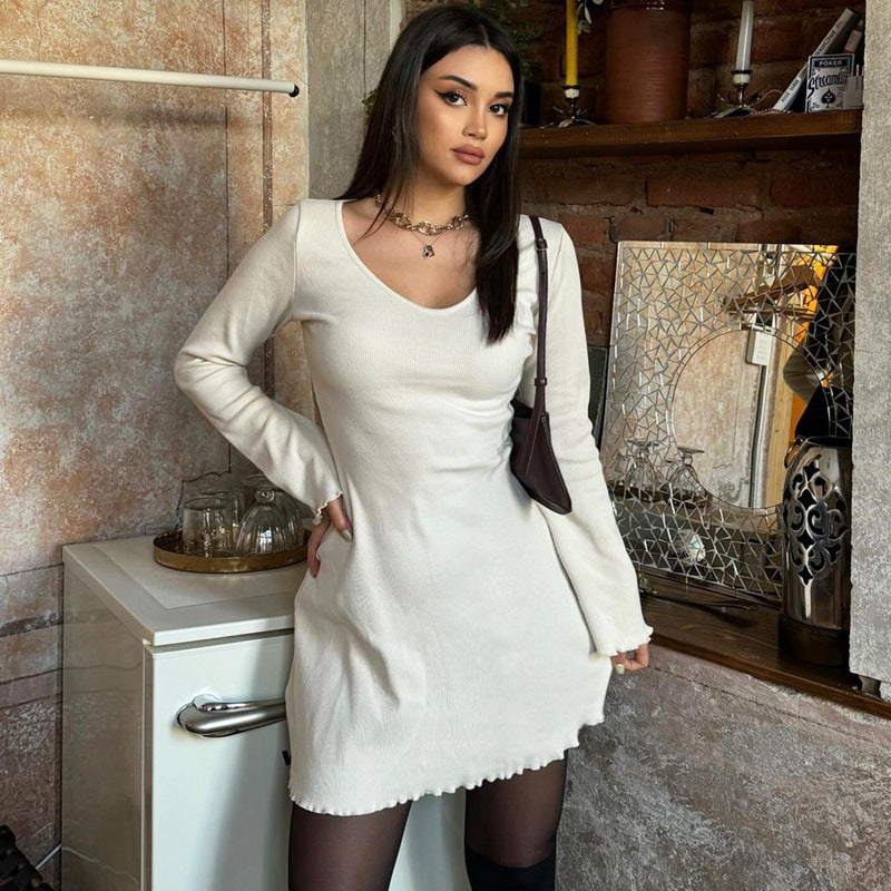 Women Clothing Summer Solid Color Rib Long Sleeve Waist Dress