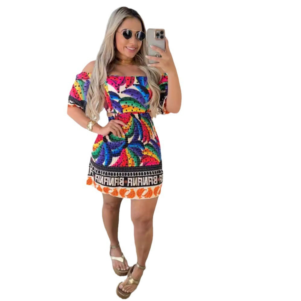 Printed Waist Controlled Backless Lantern Sleeve Smocking Off Shoulder Two Way Wear Dress