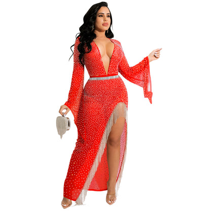 Sexy Nightclub Rhinestone Deep V Plunge Wide Sleeve Irregular Asymmetric Slit Tassel Maxi Dress Women