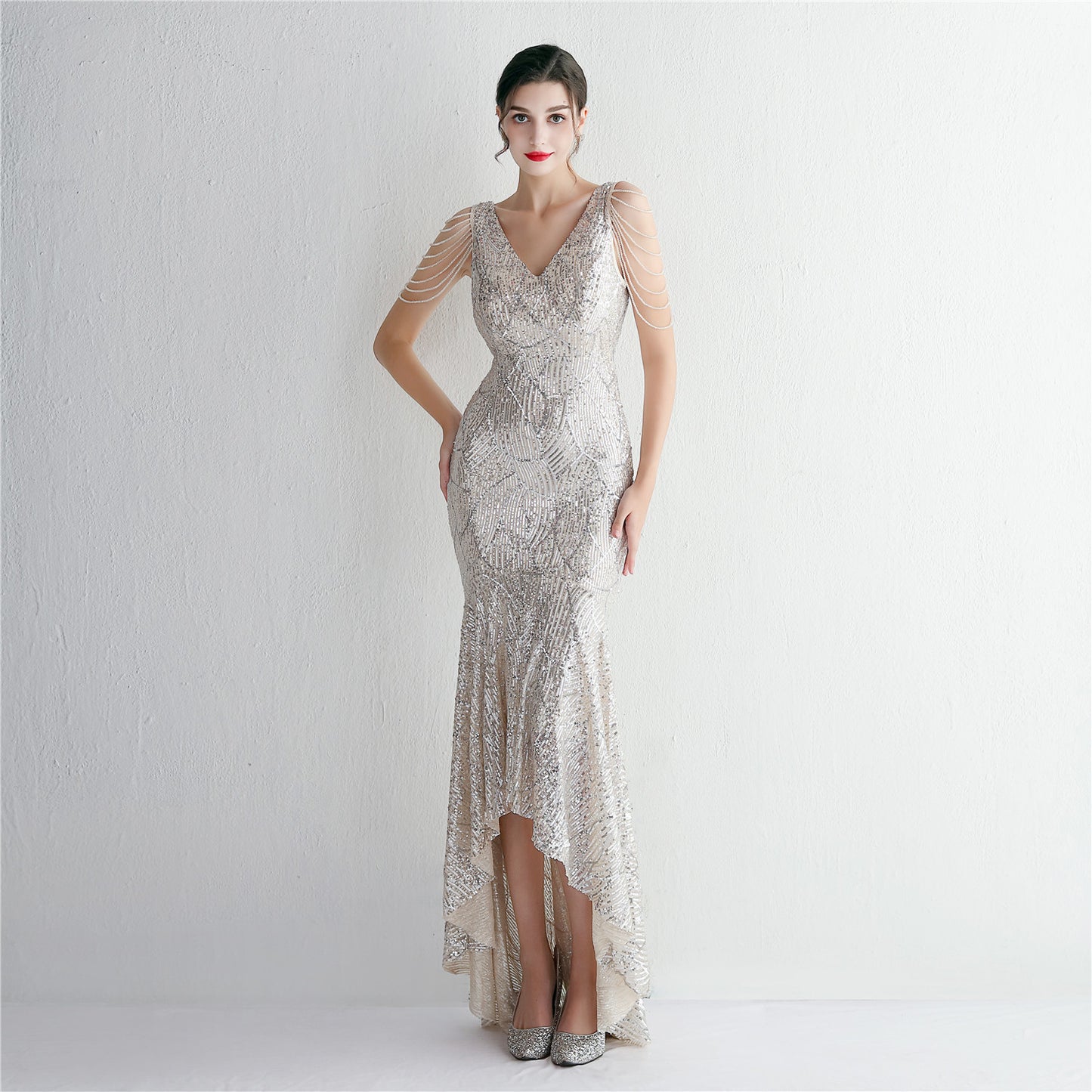 Sequin Craft Beaded Party Dress Long Cocktail Slim Fit Evening Dress Elegant