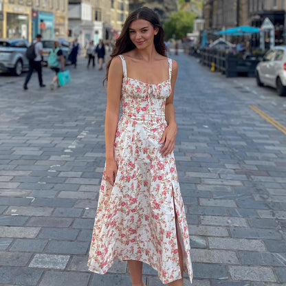 Vestido de verano para mujer con escote en V y estampado floral y abertura alta sin espalda