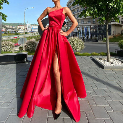 Robe longue sexy à fente large pour femme, vêtement à une épaule, haut tube, robe trapèze