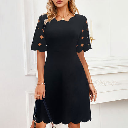 Elegant Solid Color Burnt Floral Hollow Out Cutout Out See Through Dress Women Office All Matching A Line Short Dress Women Clothing