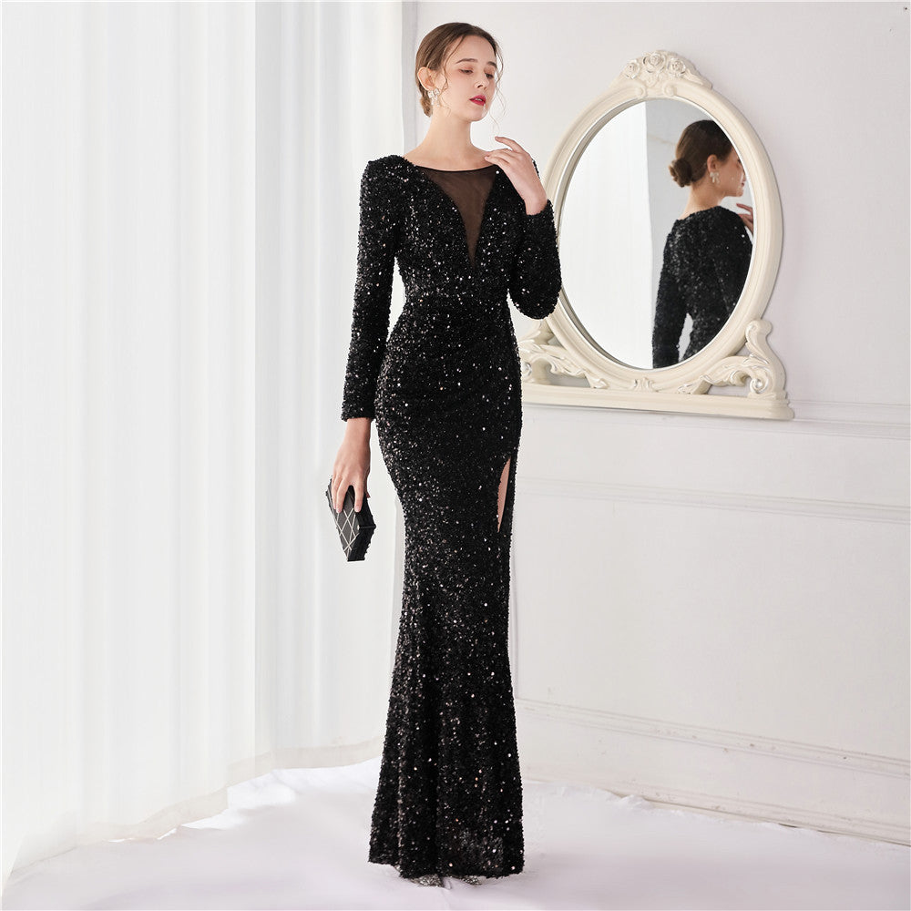 Cocktail Elegant Long Long Sleeve Sequined Atmosphere Fishtail Evening Dress