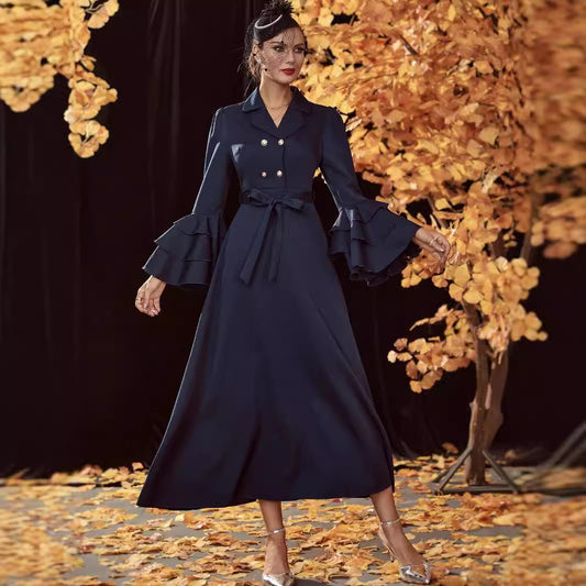 Robe trench-coat taille haute à double boutonnage pour femme automne hiver