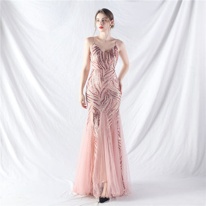 Lamination Sequin Stitching Mesh Camisole Evening Dress