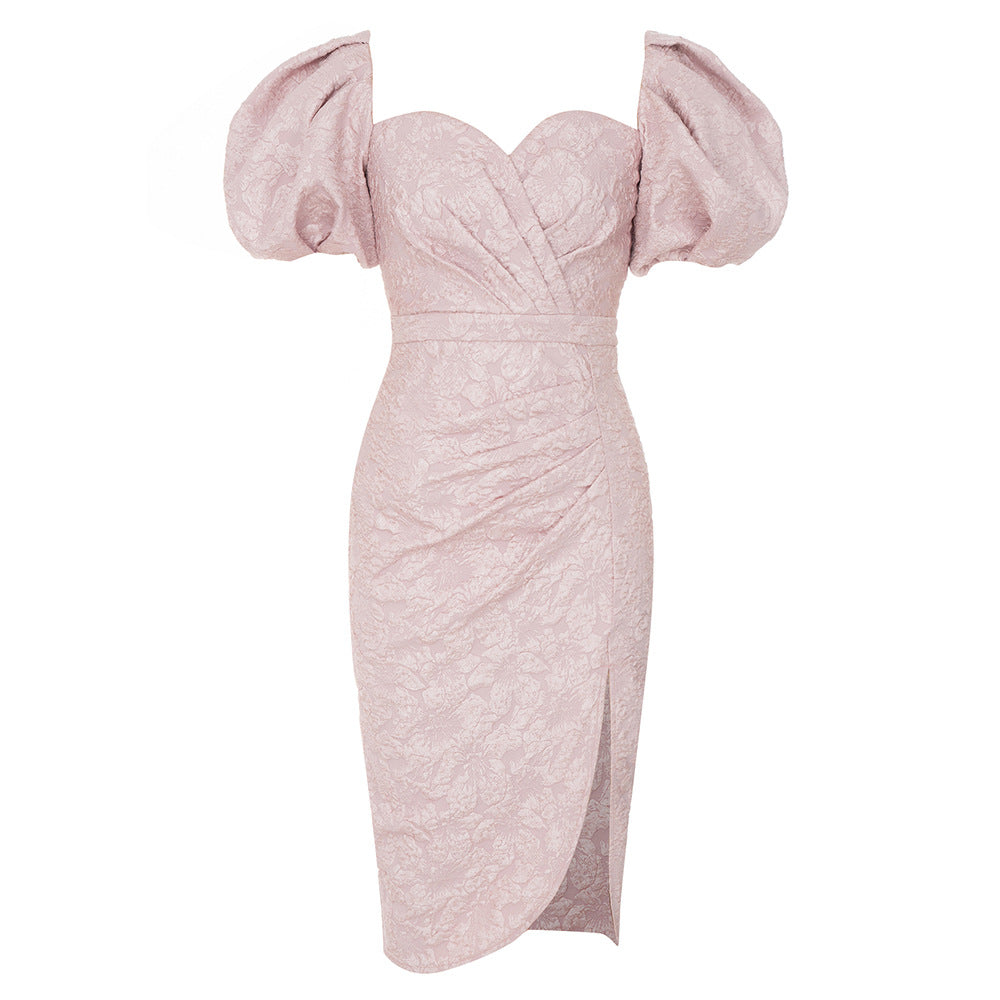 Robe simple rétro à col carré et manches bouffantes plissées avec fente latérale pour femme