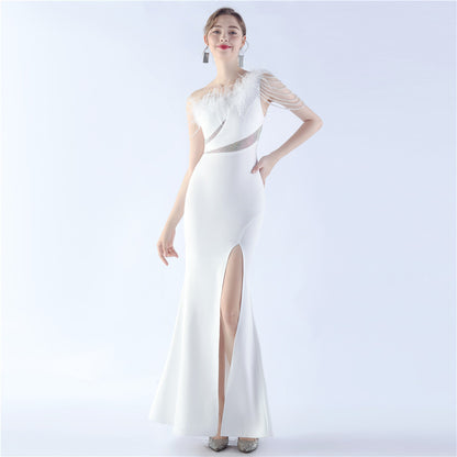 Evening Dress Craft Rhinestone Handmade Beaded Ostrich Feather Diagonal Collar One Shoulder Dress