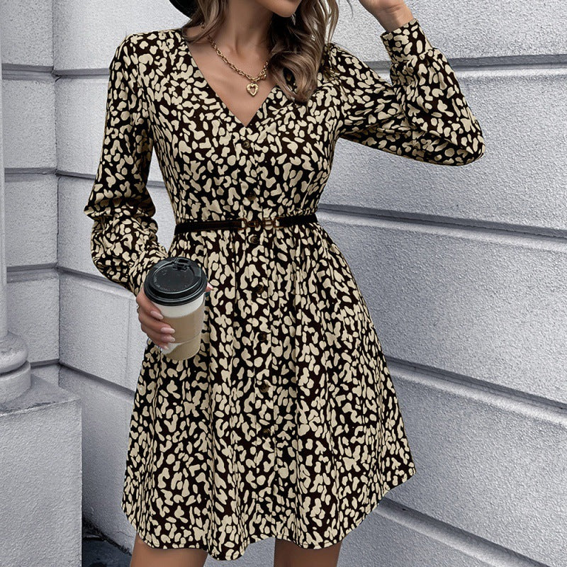 Leopard Print Sexy Deep V Plunge Plunge neck Decorative Buckle Slimming Midi Dress Long Sleeve Dress No Belted