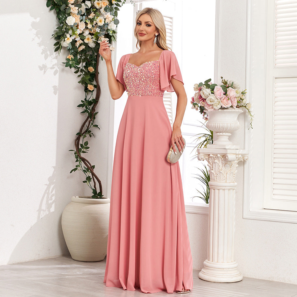 Vestido de noche rosa con escote cuadrado, manga corta, sin espalda, corte en A, costura de lentejuelas, gasa, vestido de fiesta para el día de San Valentín