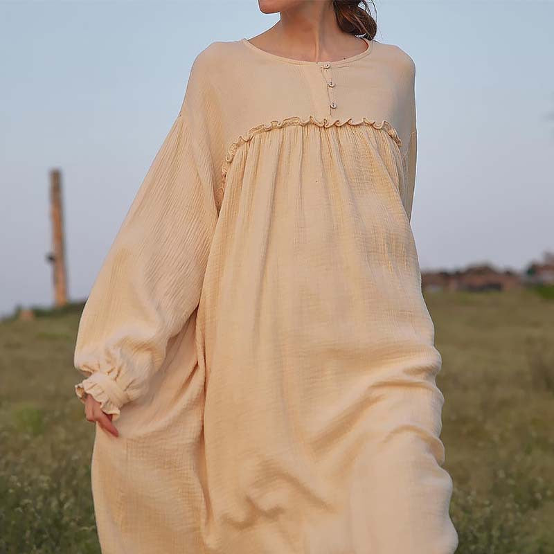 Double Layer Gauze Dress Korean Women Dressing Gown Loose Casual Wooden Ear Stitching Niche Nightdress