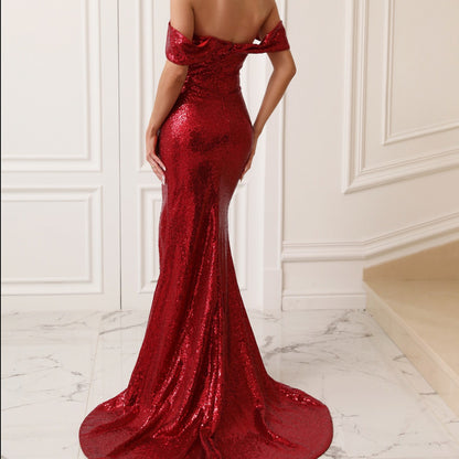 Robe de soirée élégante pour femme, tenue de cocktail sexy à épaules dénudées et paillettes, automne et hiver