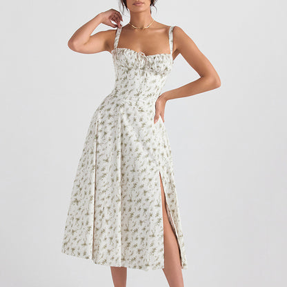 Robe d'été à col noué et dos nu avec fente haute et motif floral pour femme