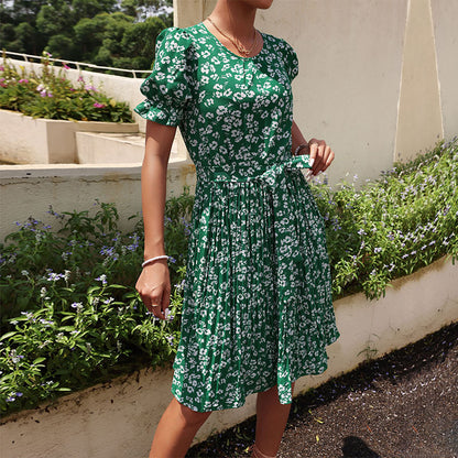 Women Wear Summer Lace up Green Pleated Dress