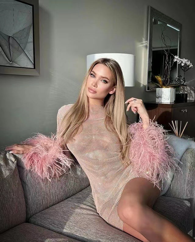 Summer Sexy Rhinestone Mesh Long Sleeve Furry Dress