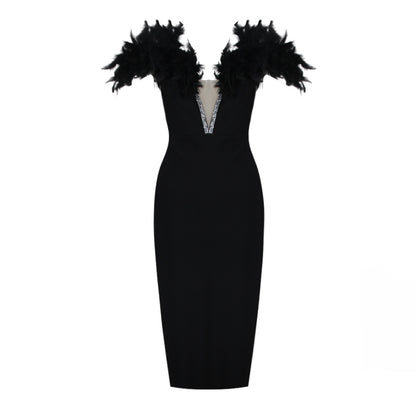 Women Clothing Feather Diamond Bandage Dress Party Elegant Lady Of Note Elegant Dress Dress