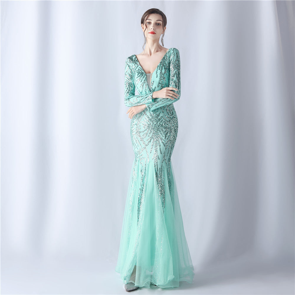 Mesh Sequin Wedding Dinner Annual Meeting Host Long Sleeve Evening Dress