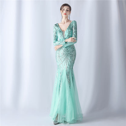 Mesh Sequin Wedding Dinner Annual Meeting Host Long Sleeve Evening Dress