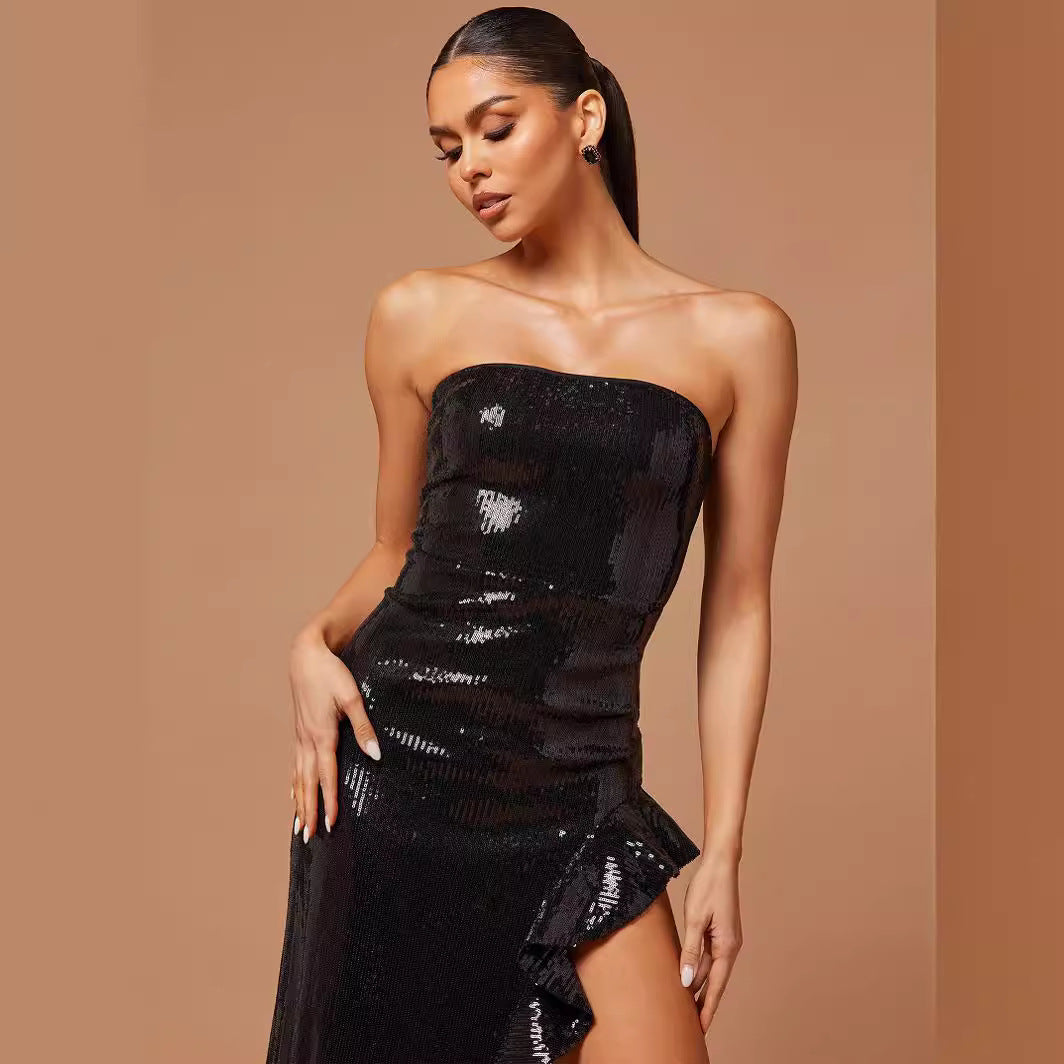 Sexy Off The Shoulder Tube Top Irregular Asymmetric Split Leg Long Slim Dress