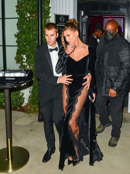 Vestido de fiesta de terciopelo largo transparente con cuello cuadrado y costuras de encaje para mujer de invierno