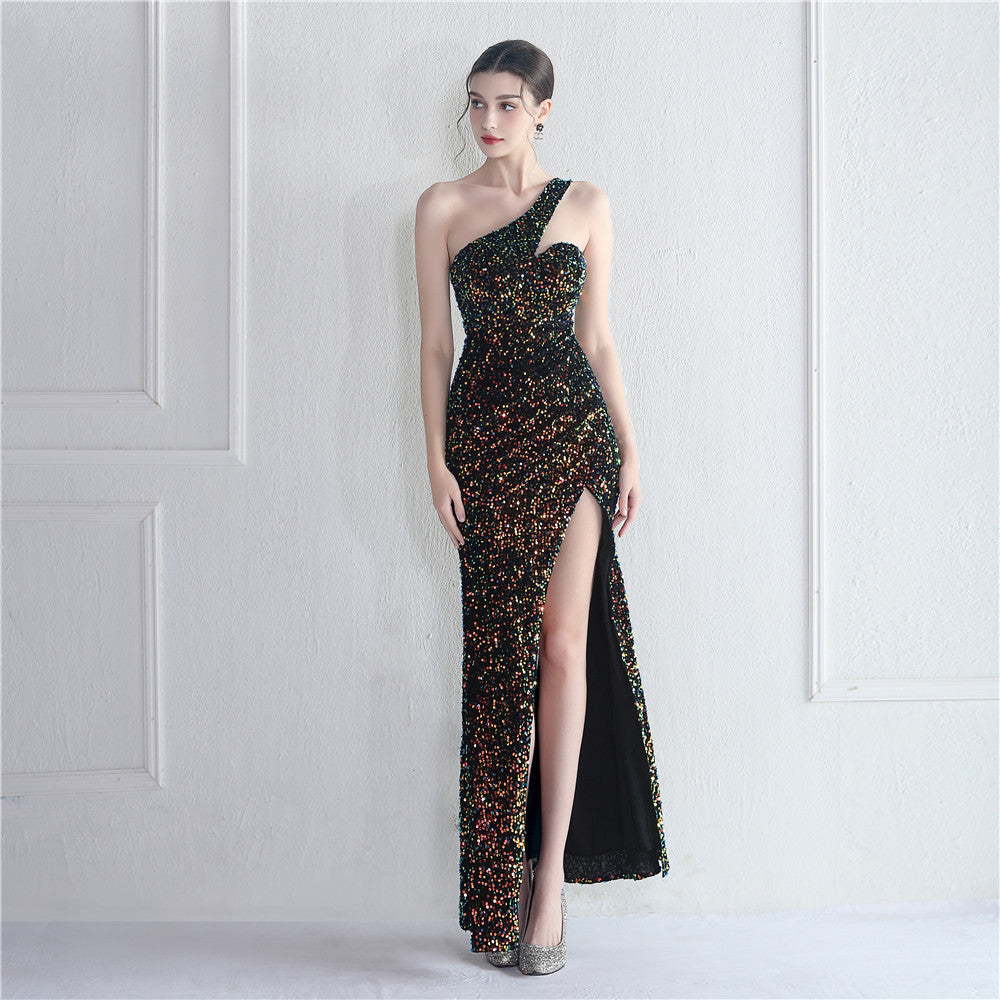 Velvet Bottom Sequin Colorful One Shoulder Party Wedding Dinner Fishtail Long Evening Dress