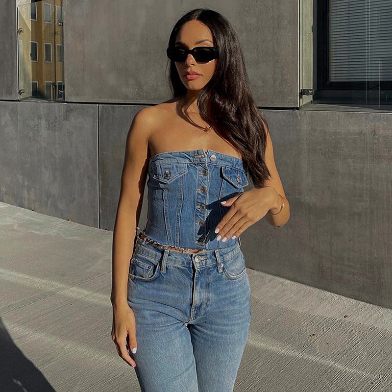 Femmes gilet coupe ajustée court Sexy haut de Denim personnalité Sexy Denim gilet