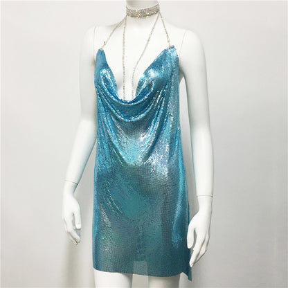 Metallic Coated Fabric Women Clothing Metal Sequ Dress Sexy Sweet Spicy Dress Rhinestone Cami Dress Women