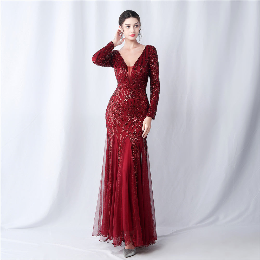 Mesh Sequin Wedding Dinner Annual Meeting Host Long Sleeve Evening Dress