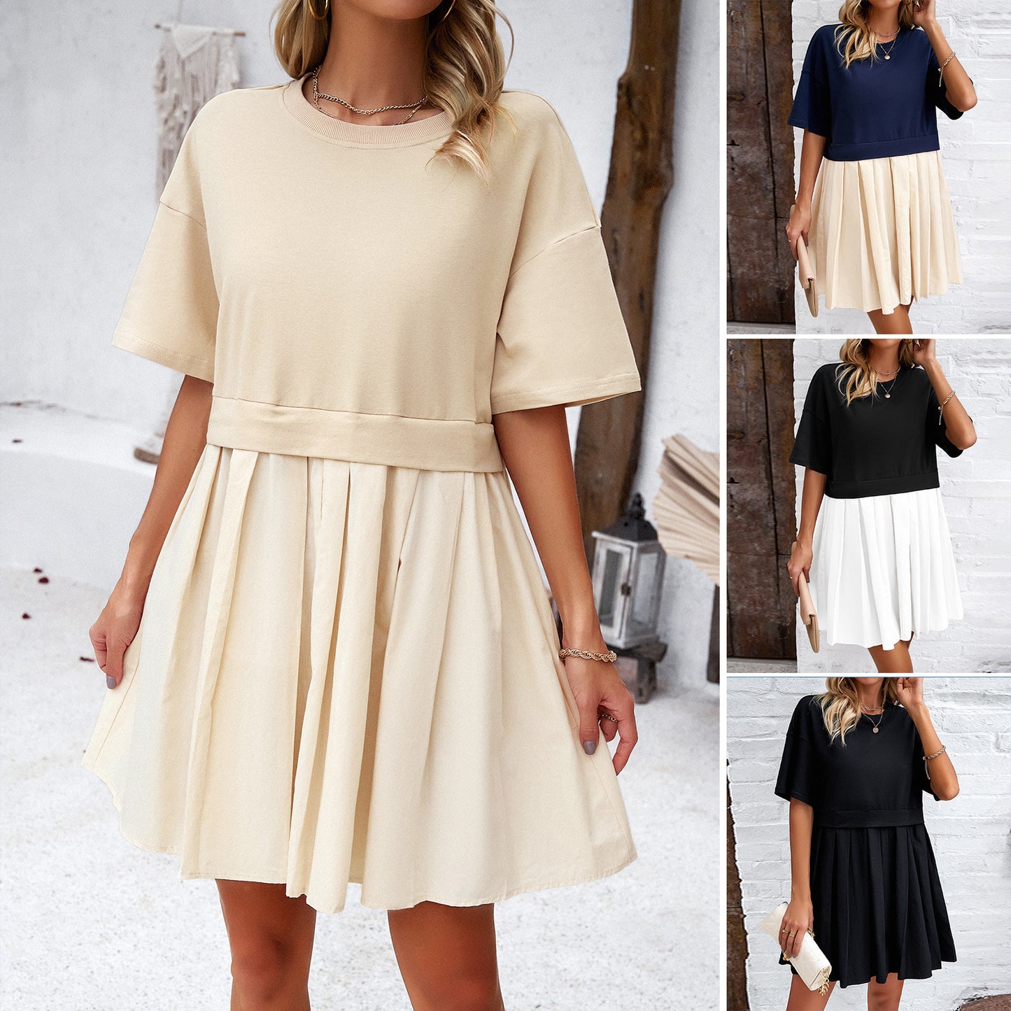 Women Shein Spring Summer Elegant Short Sleeve Stitching Dress